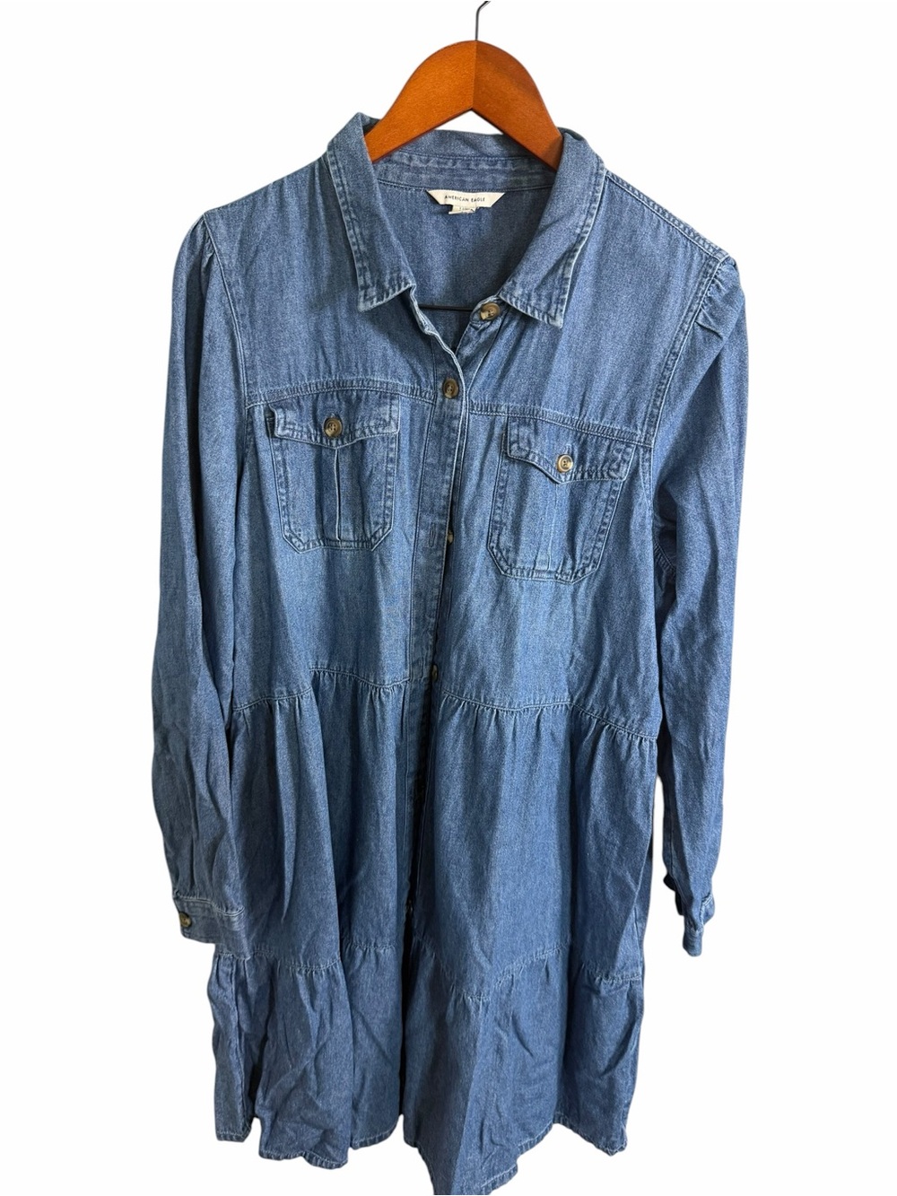 American Eagle Outfitters Denim Tiered Shirt Dress - Blue L Long - Picture 2 of 7